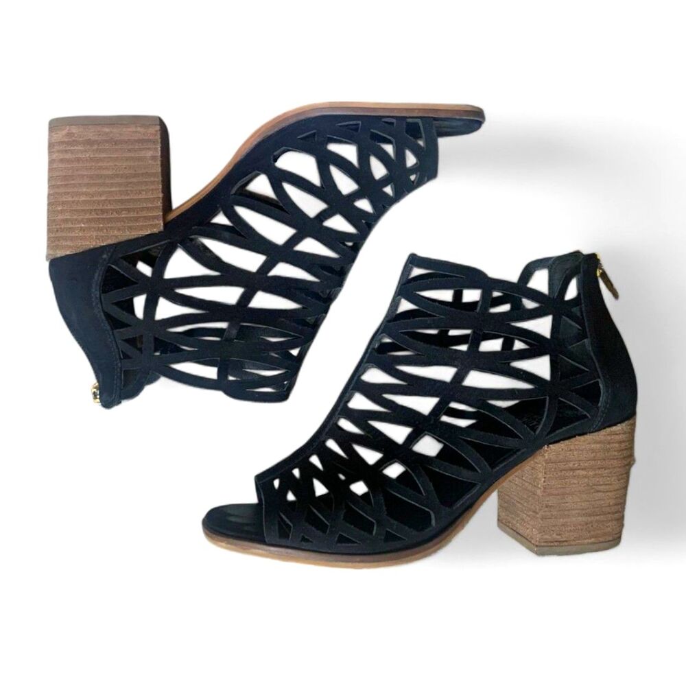 Vince Camuto Black Suede Kevston Stacked Heeled Sandals Size 8